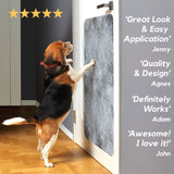 dog jumping on door scratch protector with customer testimonials