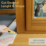 graphic of pet parent cutting down scratch protector for door