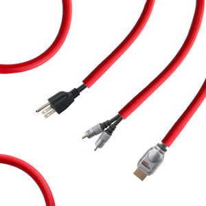 red pet wire protectors with a variety of cables inside
